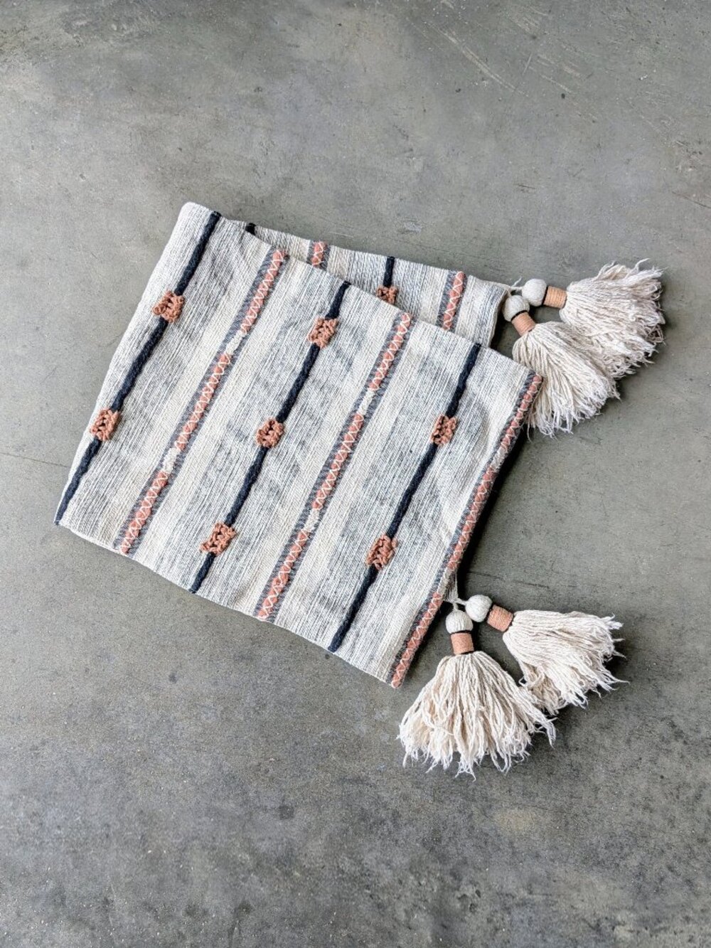 Nicole Miller Home Ivory Blue Pink Striped Boho Tassel Long Table Runner